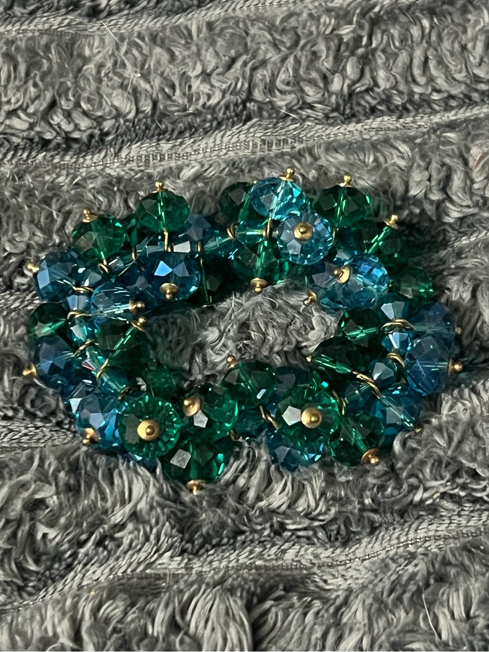 Teal Blue Green Faceted Crystal Cluster Stretch Bracelet Gold Tone Statement